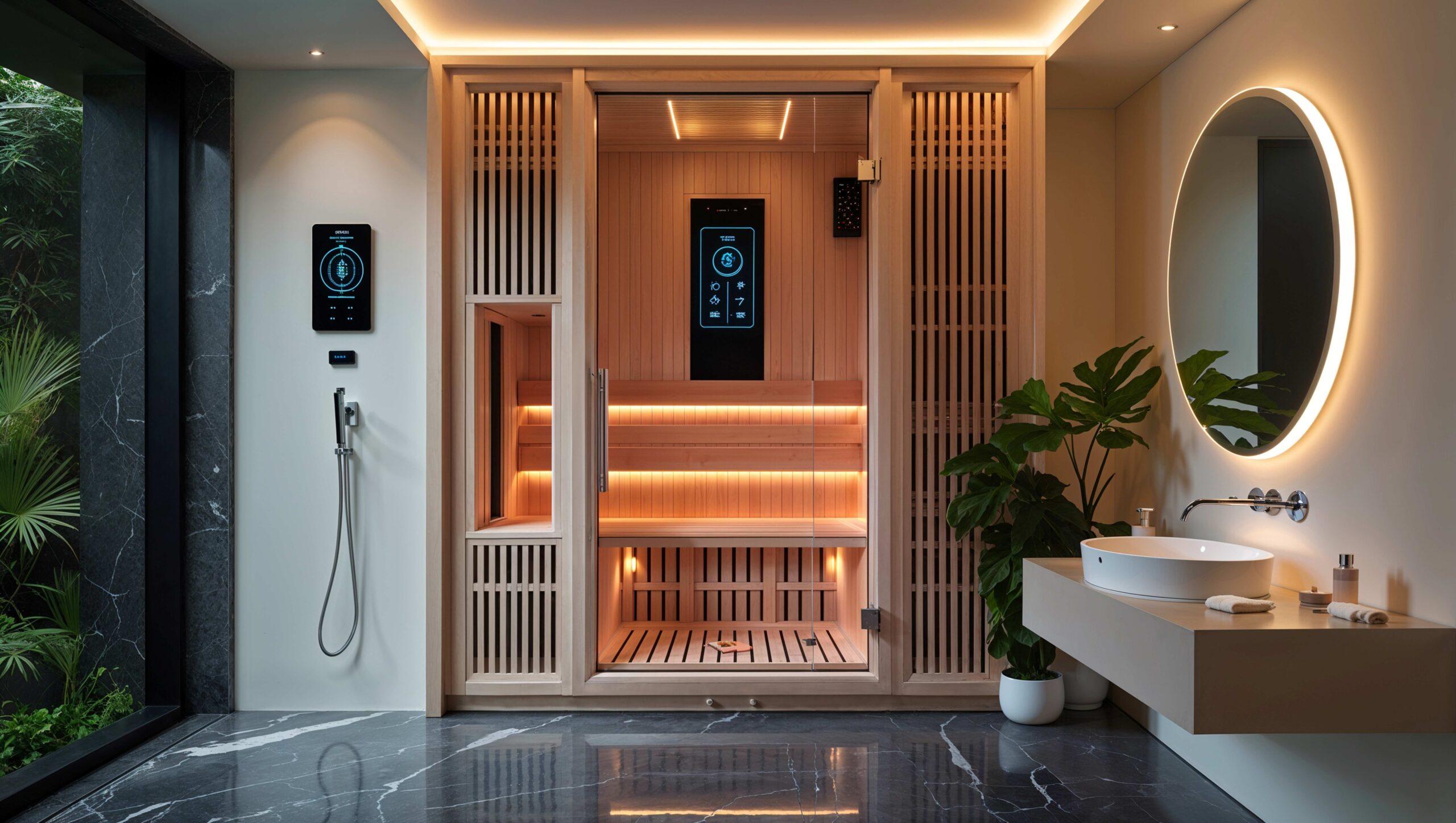 Modernes Luxusbad mit Holzsauna-Interieur und Marmorboden-Design