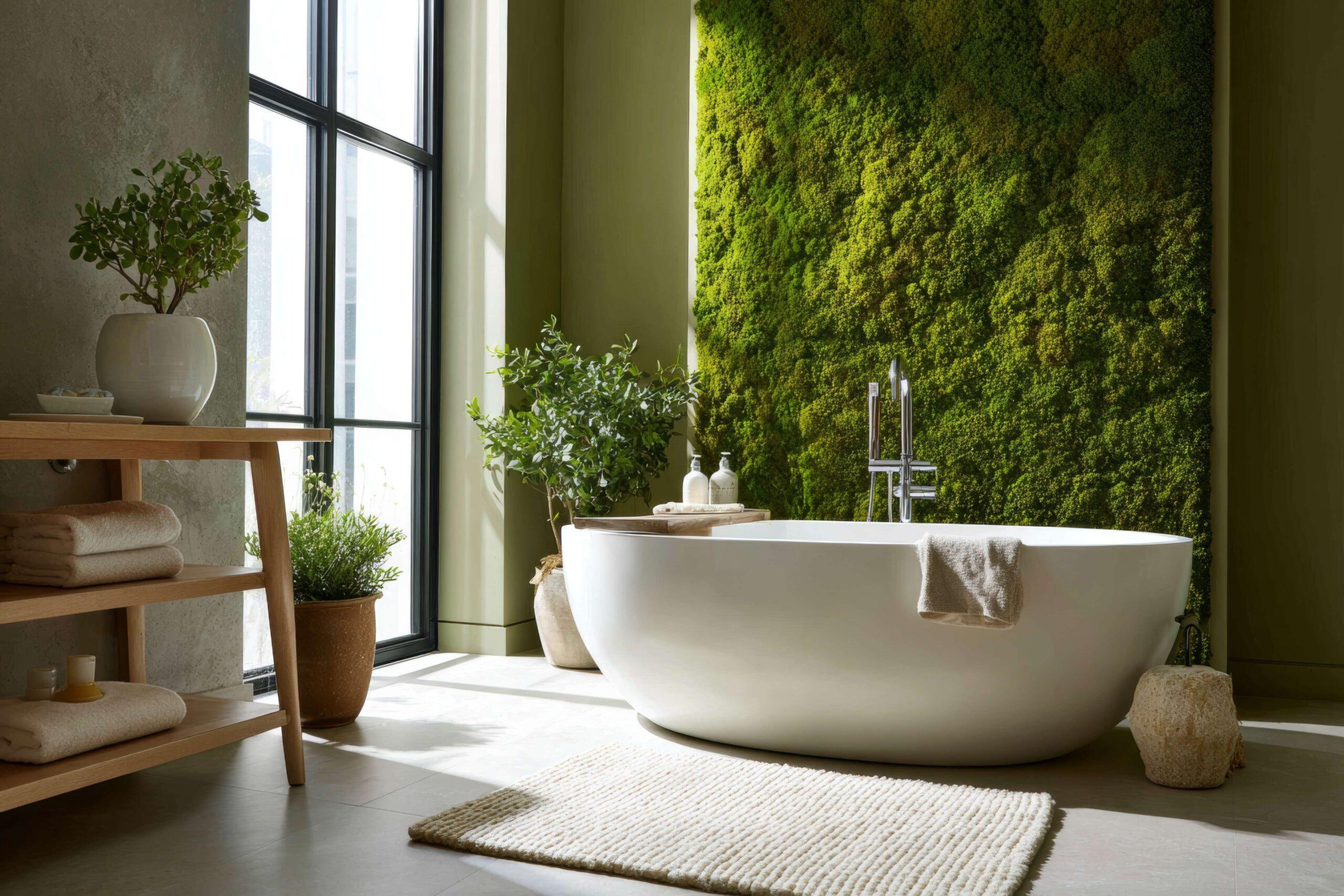 Mooswanddekoration im modernen Badezimmer mit freistehender Badewanne und natürlicher Lichtatmosphäre